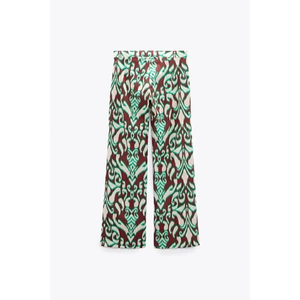 NWT Zara Printed Mid Rise Straight Leg 100% Cotton Pants, Size XS